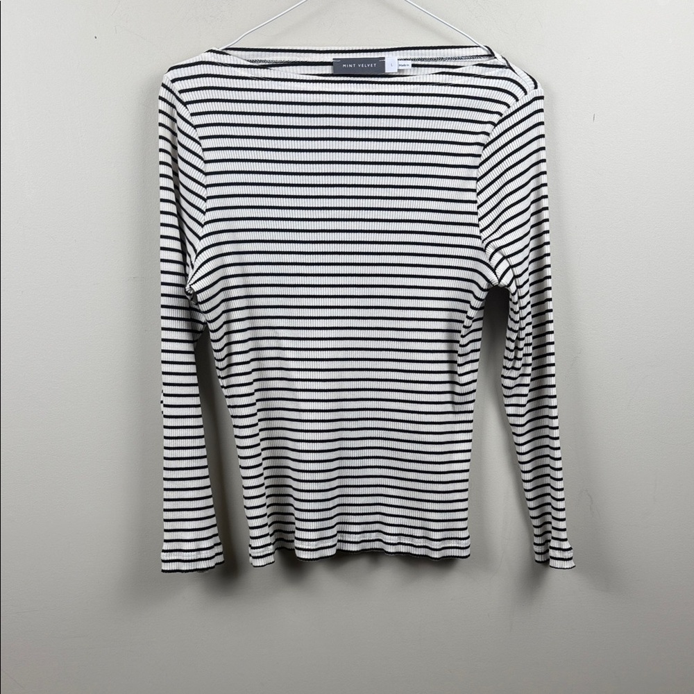 Mint velvet boat neck Monochrome Breton Striped Long Sleeve ribbed Top large - Picture 2 of 11